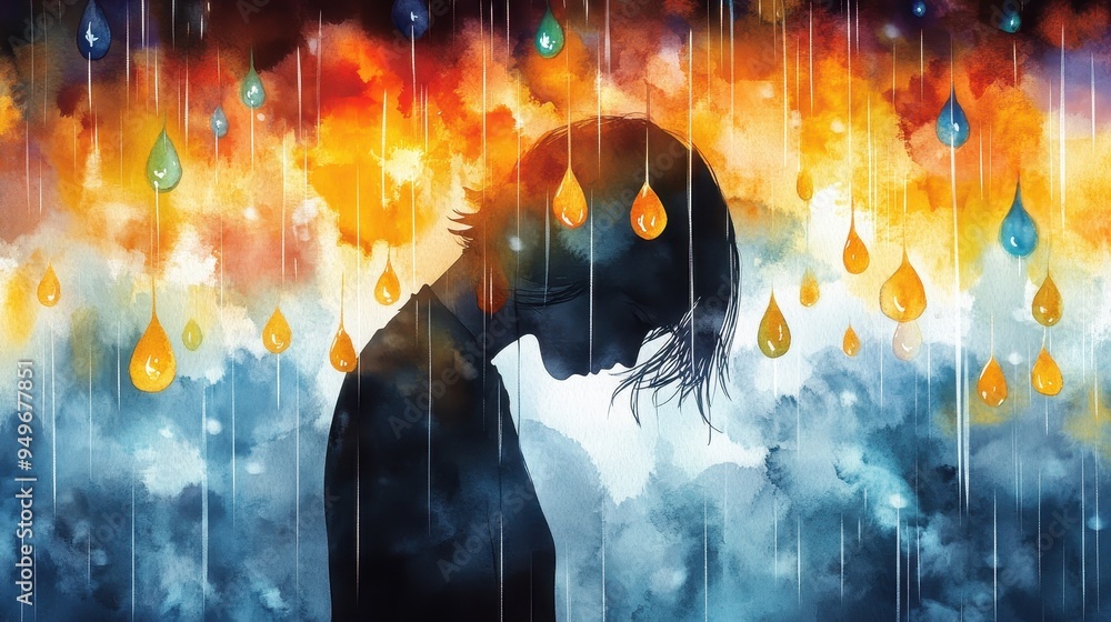Poster a silhouette of person surrounded by colorful raindrops, evoking sense of introspection and emotion.