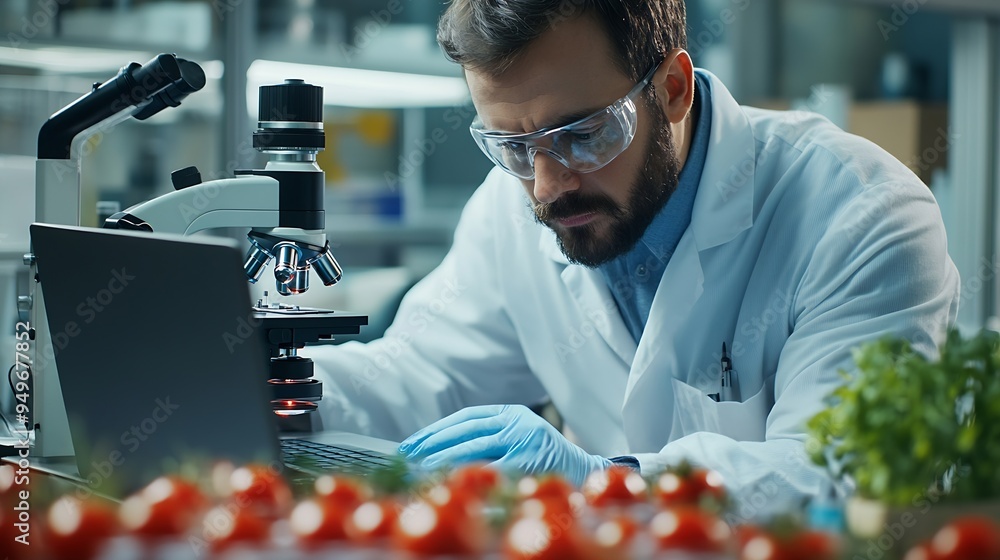 Aufkleber male scientist working on a laptop computer and analyzing a labgrown tomato through a microscope mic
