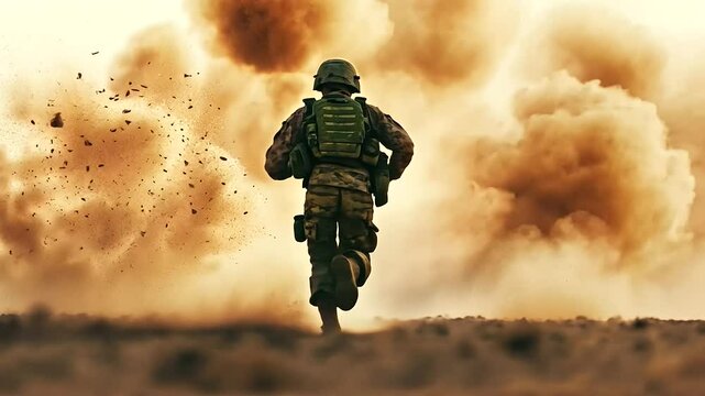 soldier striding away from a huge explosion, emphasizing the stark realities and courage involved in combat, with the dramatic explosion underscoring the chaos and heroism of the moment