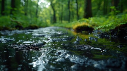Fototapeta premium A small stream flows through a lush forest, with green grass lining its banks.