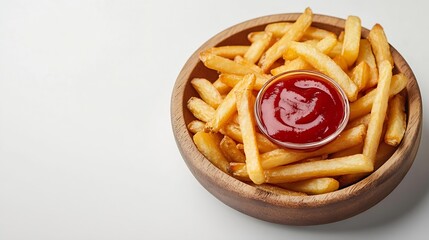 Wooden plate of delicious french fries with ketchup on white background : Generative AI