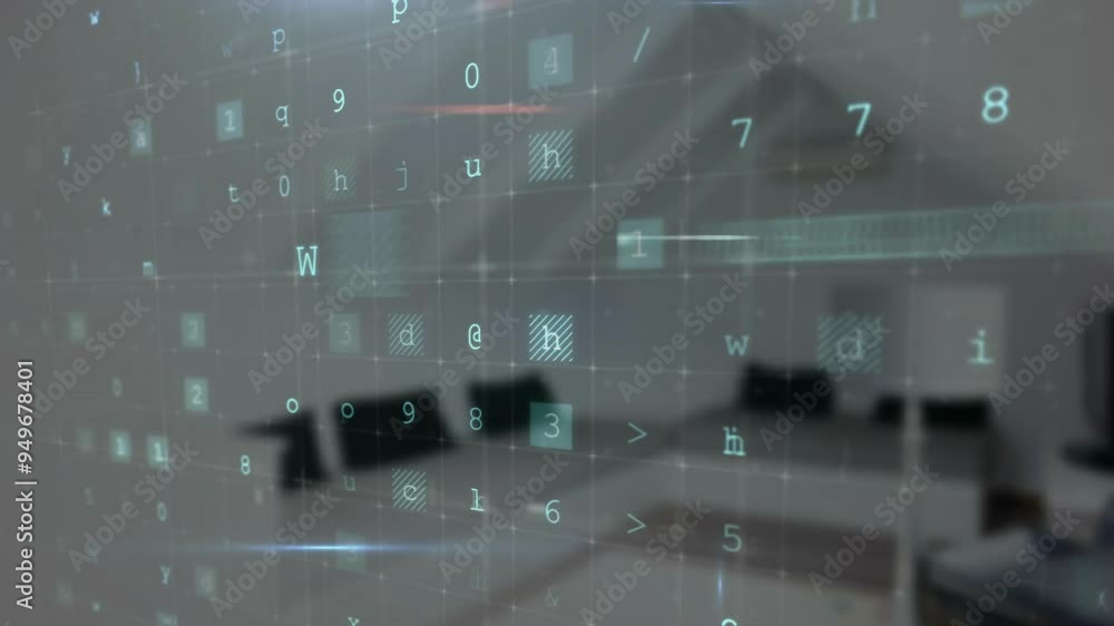 Poster warning text animation over office background with numbers and symbols