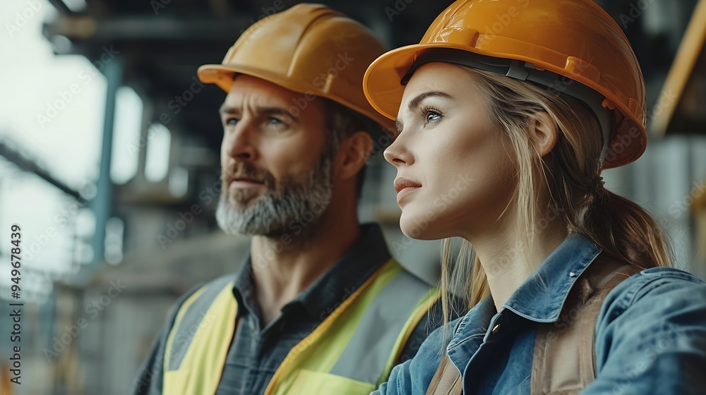 Poster Caucasian engineer in hardhats discussing on construction site Engineer and female foreman worker team checking project at precast concrete factory site : Generative AI
