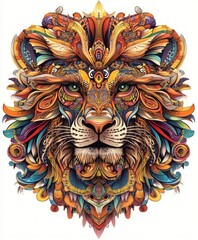 A vibrant, artistic representation of a lion's face surrounded by intricate patterns and colors.