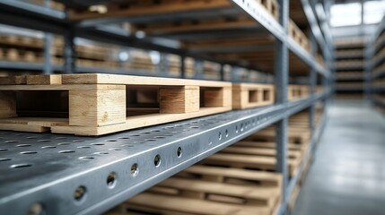 Fototapeta premium Metal warehouse shelves Modern logistics warehouse Shelves for storing goods and goods Empty shelves with wooden pallets Cargo storage : Generative AI