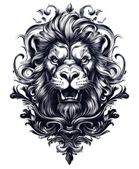 Obraz premium A detailed illustration of a lion's head surrounded by ornate decorative elements.