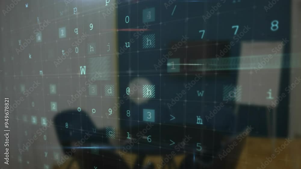 Poster warning text animation over office setting with numbers and symbols