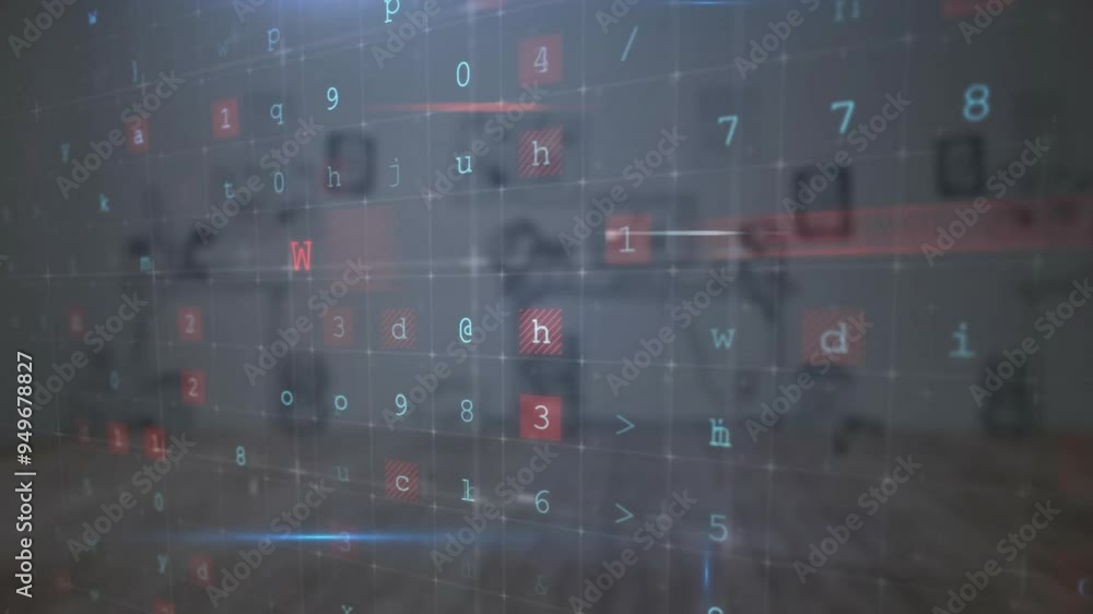 Poster warning text animation over digital symbols and numbers in grid pattern