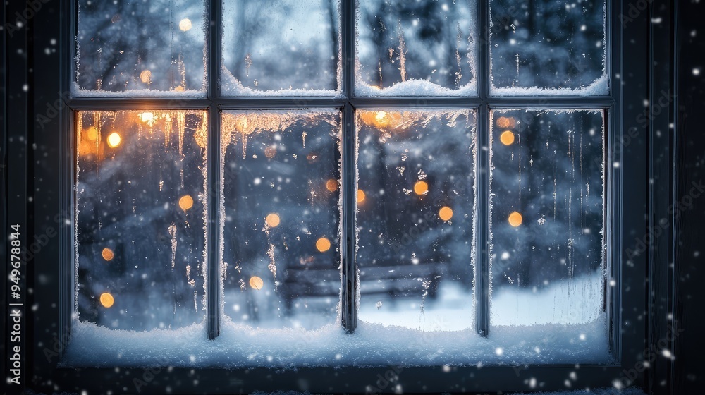 Poster a gentle snowfall through a translucent window, creating a serene and delicate veil of transparency 