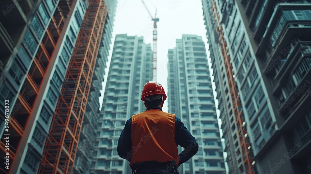 Leinwandbilder Tablet engineer and man with helmet on construction site for development or building in city on project Male person tech and architecture as manager for progress in industrial design a : Generative AI