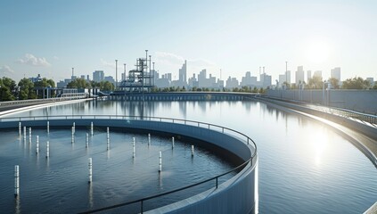 Urban Water Treatment Facility with City Skyline in Background