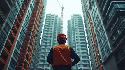 Tablet engineer and man with helmet on construction site for development or building in city on project Male person tech and architecture as manager for progress in industrial design a : Generative AI