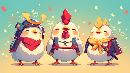 Obraz premium Cute chicken wearing Japanese samurai armor, cool poses, cute kawaii, simple, smiling happy. neon psychedelic background
