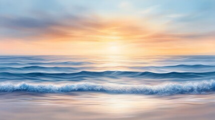 Obraz premium Serene beach sunset, fluid oil brushwork, sky filled with warm tones, gentle waves, hand-painted detail