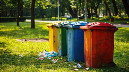 Bins for Recycling in Public Park: Color Coded Waste Disposal Containers