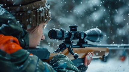Fototapeta premium Focused Biathlete Targeting in Snowy Forest During Winter Competition