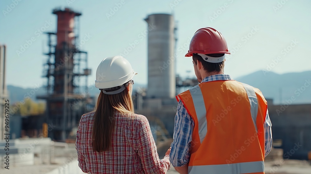 Poster senior engineer and female foreman team checking project at precast concrete factory site caucasian 