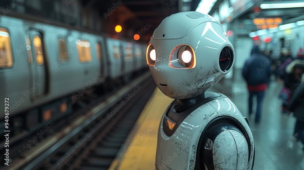 Poster a futuristic robot stands on a subway platform, with a train passing by in the background.