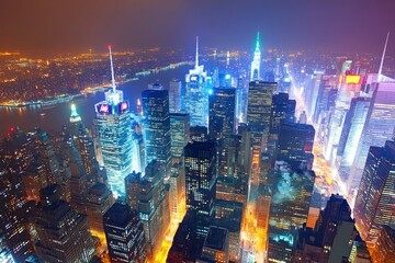 Aerial Night View of Illuminated Skyscrapers in New York City