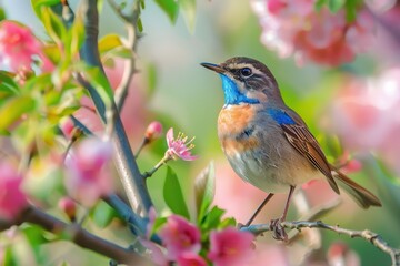 Bird Close Up. Colourful Bluethroat Animal amidst Spring Blossom