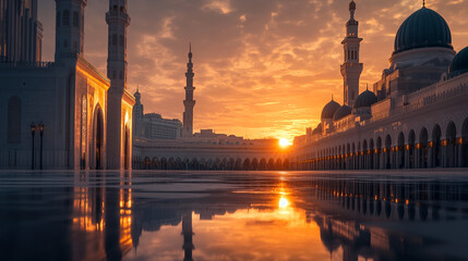 Fototapeta premium Golden sunset reflecting on the courtyard of a grand mosque with towering minarets in a serene city landscape