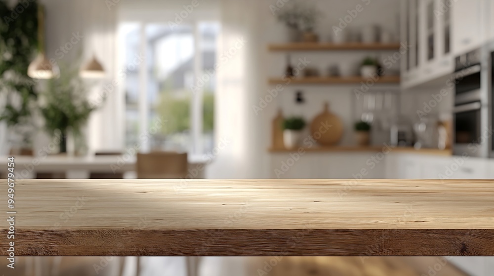 Poster kitchen table background wood counter top on blur of white clean abstract home interior with bokeh u