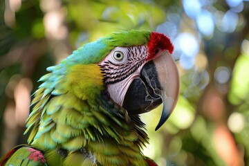 Obraz premium Bird Face. Green Macaw Parrot Portrait: Ara Parrot Head Closeup
