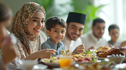 Muslim family having Iftar dinner drinking water to break feast Eating traditional food during Ramadan feasting month at home The Islamic Halal Eating and Drinking in modern home : Generative AI © Generative AI