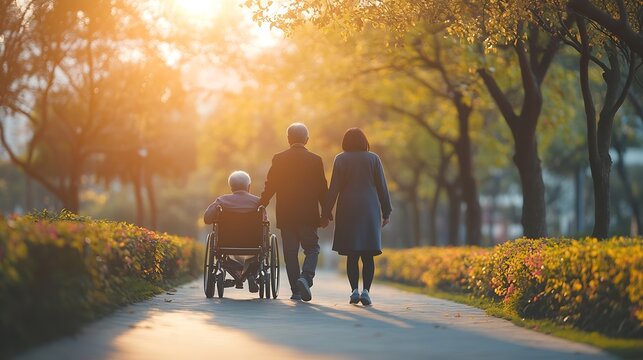 Elderly couples or caregivers take care of the patient in a wheelchair Concept of a happy retirement with care from a caregiver and Savings and senior health insurance a Happy Family : Generative AI