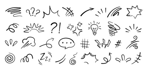 Handdrawn anime manga doodle line elements set. Collection of graphic effects for character emotion. Vector illustration of express shape, anime movement on white background 