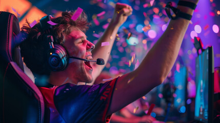 Excited Esports Player Celebrating Championship Victory with Confetti and Teammates