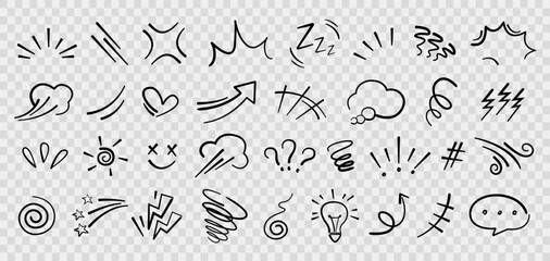 Handdrawn anime manga doodle line elements set. Collection of graphic effects for character emotion. Vector illustration of express shape, anime movement on transparent background 