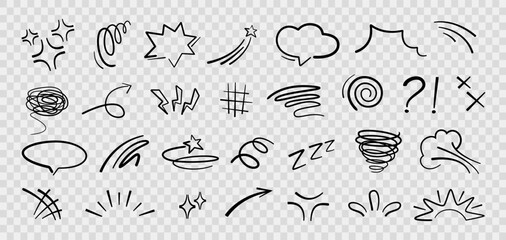 Handdrawn anime manga doodle line elements set. Collection of graphic effects for character emotion. Vector illustration of express shape, anime movement on transparent background 