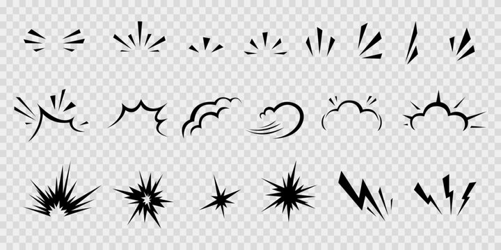 Set of comic manga hand drawn line elements for character graphic movement effects emotion. Doodle shine sunburst sparkle ray, flash, exploding shapes in pop art retro style vector illustration
