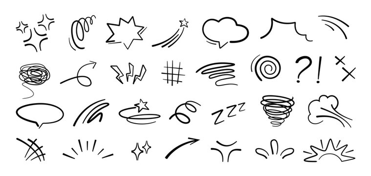 Handdrawn anime manga doodle line elements set. Collection of graphic effects for character emotion. Vector illustration of express shape, anime movement on white background 