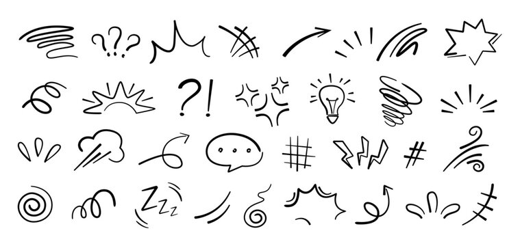 Handdrawn anime manga doodle line elements set. Collection of graphic effects for character emotion. Vector illustration of express shape, anime movement on white background 