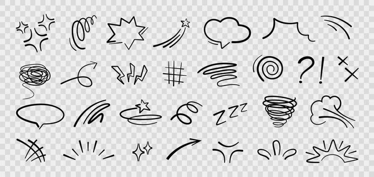 Handdrawn anime manga doodle line elements set. Collection of graphic effects for character emotion. Vector illustration of express shape, anime movement on transparent background 