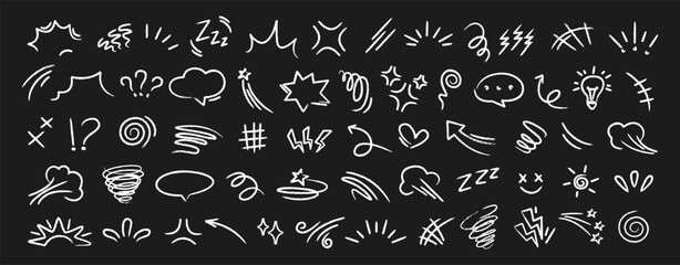 Set of white hand drawn anime manga doodle grunge line elements curved charcoal, chalk arrows, speech bubble, abstract shapes, graphic effects for character emotion. Scribble stroke symbols vector 