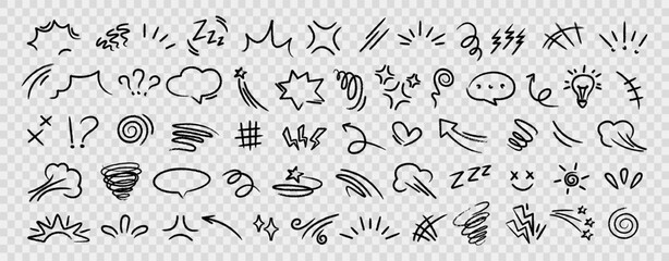 Set of black hand drawn anime manga doodle grunge line elements curved charcoal, chalk arrows, speech bubble, abstract shapes, graphic effects for character emotion. Scribble stroke symbols vector 