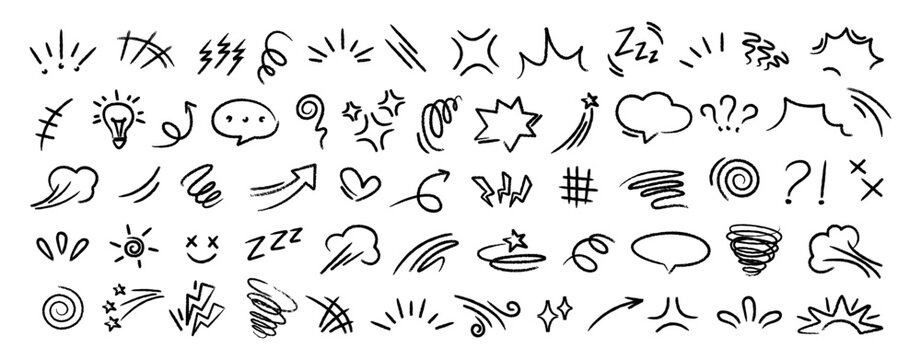 Set of black hand drawn anime manga doodle grunge line elements curved charcoal, chalk arrows, speech bubble, abstract shapes, graphic effects for character emotion. Scribble stroke symbols vector 