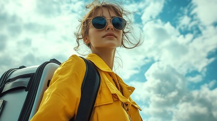 Cloudy weather Passenger woman that is in yellow clothes sunglasses and with luggage : Generative AI