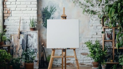 Wooden easel with blank canvas near white brick wall indoors : Generative AI