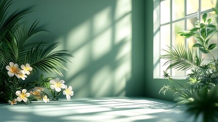 Abstract gradient green studio background for product presentation Empty room with shadows of window and flowers and palm leaves  3d room with copy space Summer concert Blurred backdro : Generative AI