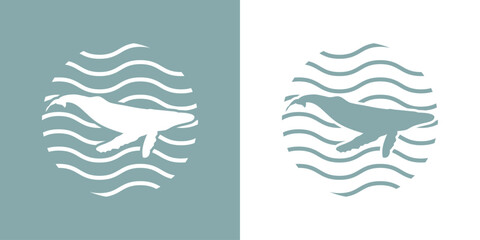 Logo acuario. Silueta de ballena con olas de mar