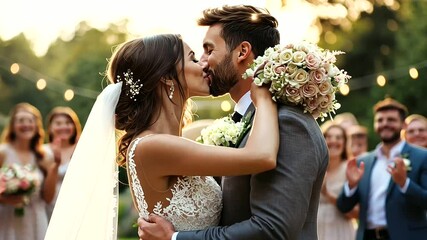 joyful bride and groom sharing their first kiss as newlyweds, surrounded by cheering friends and family, with the moment radiating love and celebration