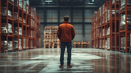 Fototapeta premium Pallet with nothing on it Male worker is in the empty warehouse : Generative AI