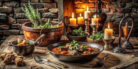 Fototapeta premium cozy intimate candlelit dinner warm tones lamb stew raw herbs stone walls vintage silverware soft focus