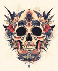 Obraz premium A colorful artistic skull design adorned with floral elements, blending beauty and mortality.