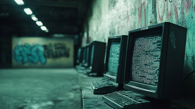 Jib down shot of advanced technology computer system running malicious code in empty warehouse PC monitors in empty graffiti painted underground hideout used by hackers to commit illic : Generative AI