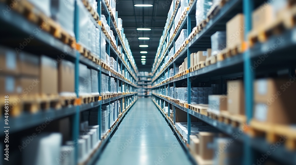 Aufkleber rows of shelves with boxes in the factory warehouse a perfectly white clean warehouse smooth boxes s